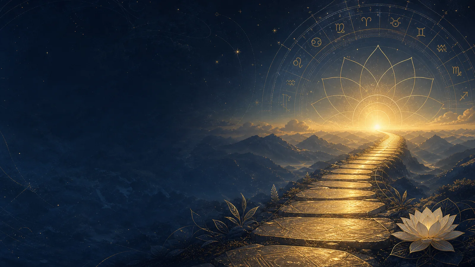 A golden path through a calm celestial landscape, symbolizing conscious action