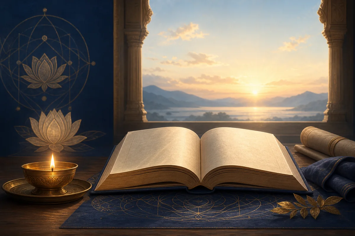 An open wisdom book and diya in warm dawn light