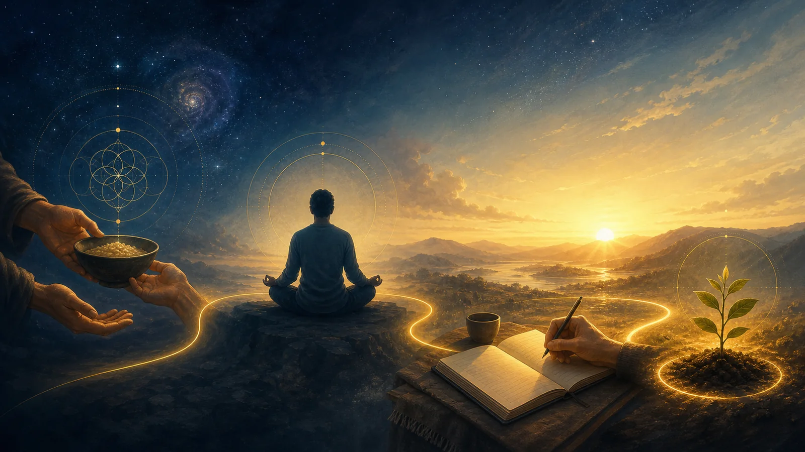 A calm visual of sewa, meditation, disciplined reflection and gradual growth